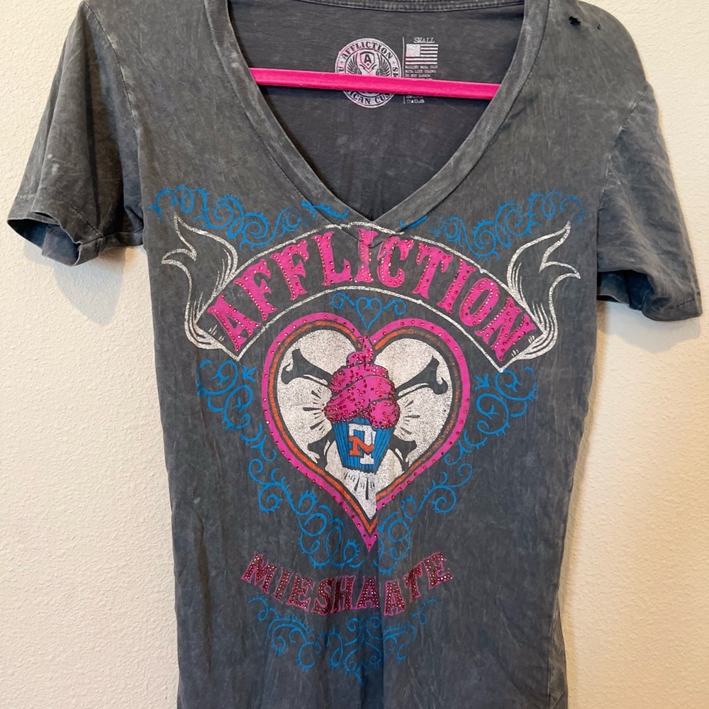 Affliction Gray Pink Graphic Fitted T-Shirt
